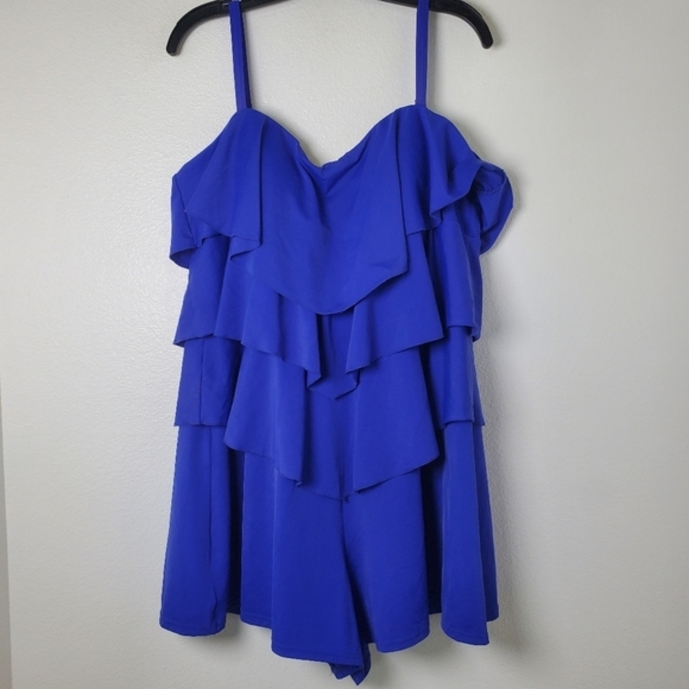 Fit 4 U Women's Blue Ruffle Tiered Sleeveless Swim Romper‎ One Piece Swimsuit - Picture 13 of 14
